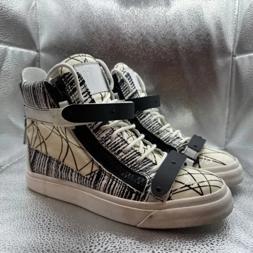 Size EU 36 Giuseppe Zanotti Mens White Black High Top Back Zip Sneakers‎